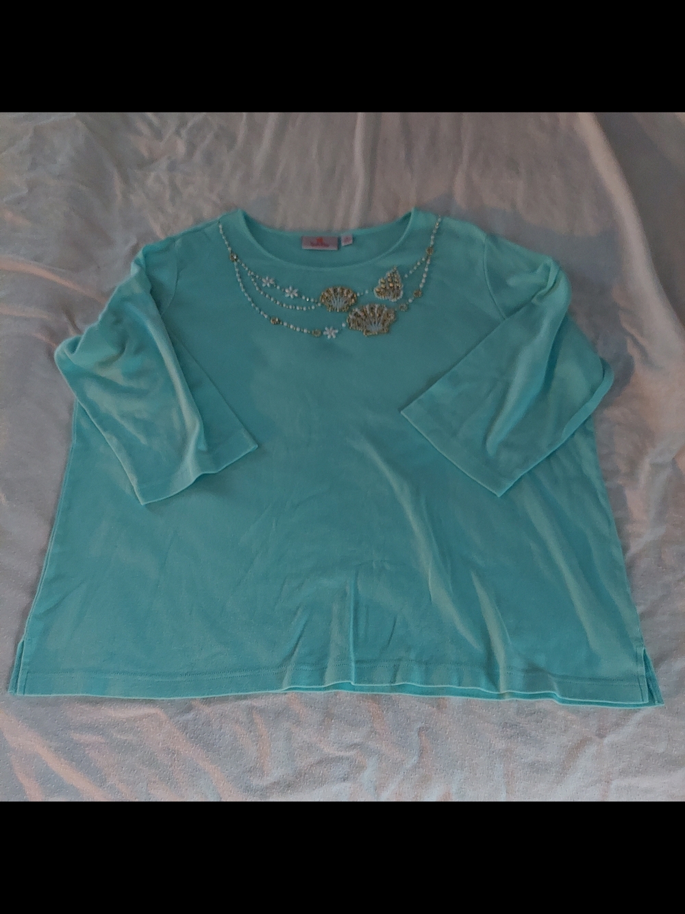 Quacker Factory Aqua Embellished 3/4 Sleeve Top